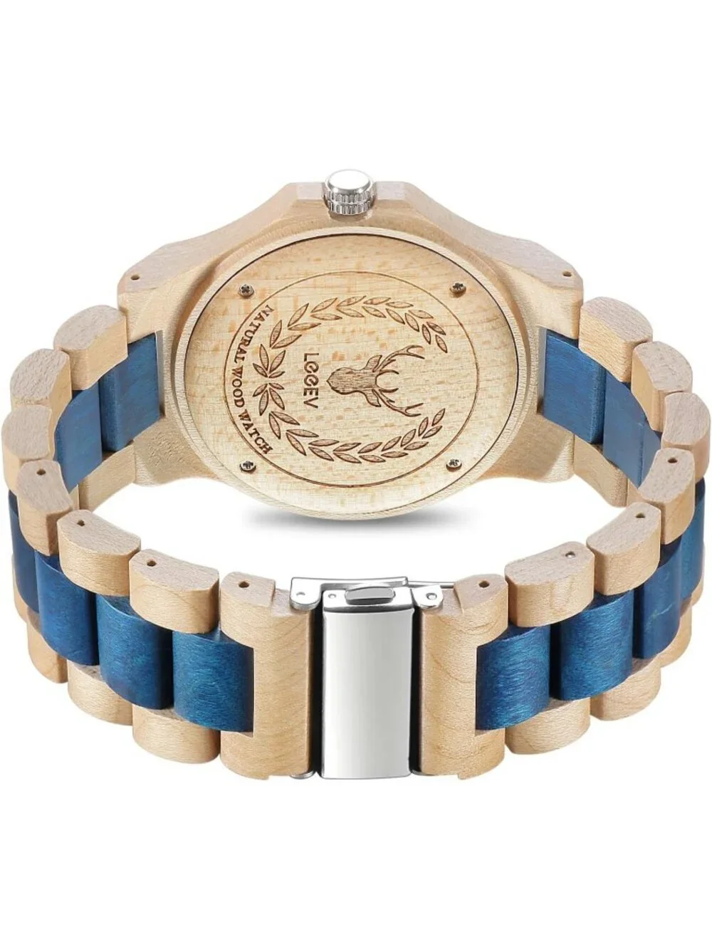 Men's Blue Handcrafted Sandalwood Vintage Calendar Analog Wrist Wooden Watch